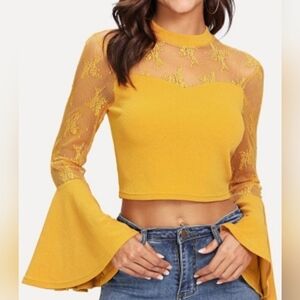 Women Trumpet Sleeve Lace Sweetheart Crop Top Yellow-Large